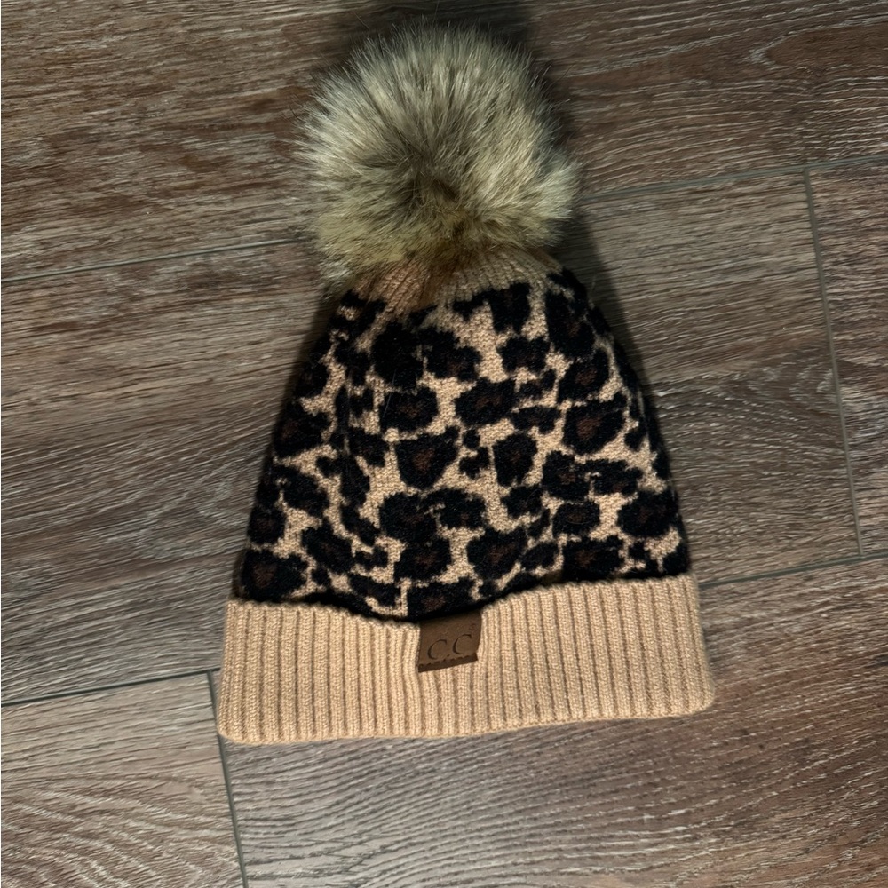 Leopard Print Beanie with Pom Pom